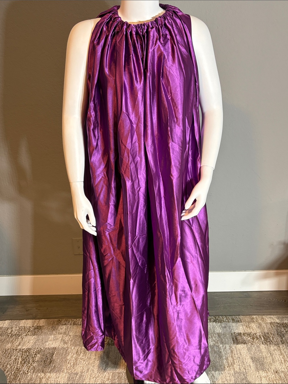 Elegant Gathered-Neck Purple Satin Nightgown